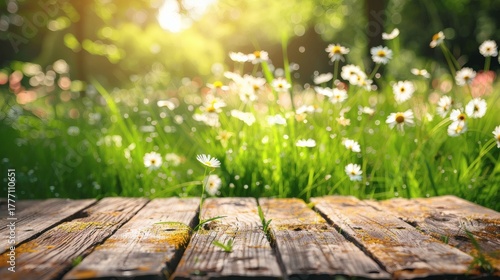 Fototapeta Naklejka Na Ścianę i Meble -  Daisy in bloom on rustic wooden planks with blurred green meadow background