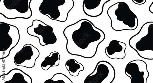 Vector cow print pattern background. Black irregular patches on white backdrop. Abstract cow skin or fur texture.