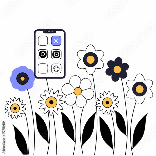 Phone with social media apps among colorful flowers
