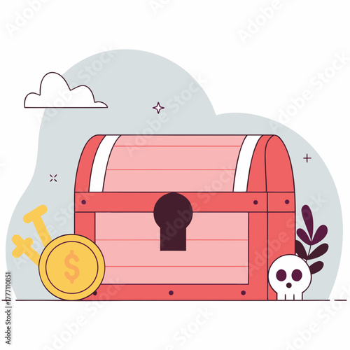 Pirate treasure chest with gold coin and key