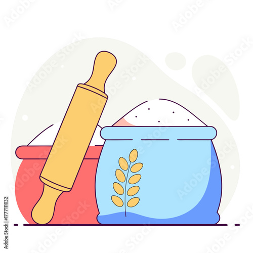 Rolling pin and bags of flour for baking