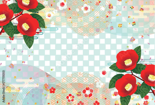 ツバキ　和柄　年賀状　金　背景	