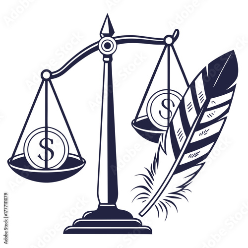 Scale balancing money and a feather symbol