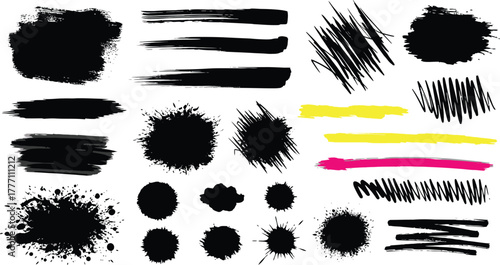 Black set paint, ink brush, brush strokes, brushes, lines, frames, box, grungy. Grungy brushes collection. Brush stroke paint boxes on white background