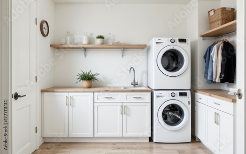 Modern laundry room with appliances, shelves, and decorative elements.