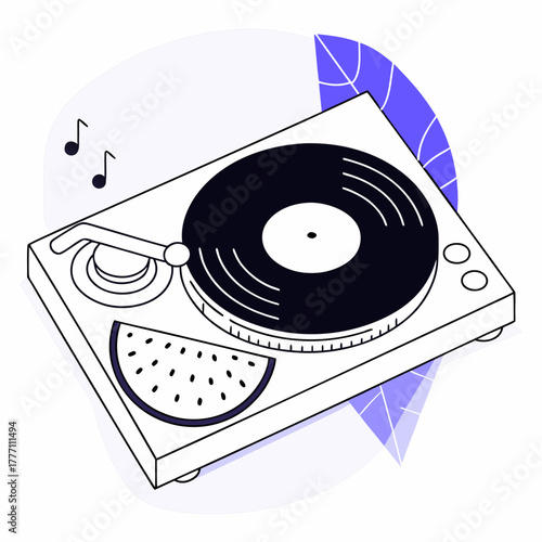 Turntable playing a vinyl record with musical notes
