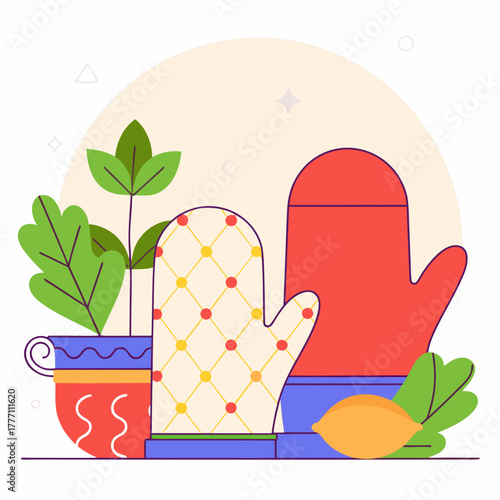 Two oven mitts with a plant and a lemon