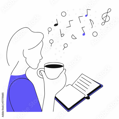 Woman drinks coffee and reads book with music notes