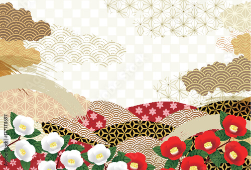 ツバキ　和柄　年賀状　背景	