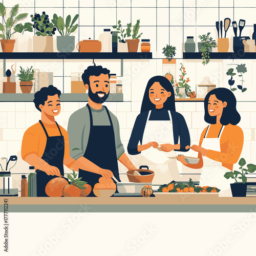 A heartwarming flat design illustration depicting a diverse family joyfully cooking and preparing their Thanksgiving meal together in a bright kitchen