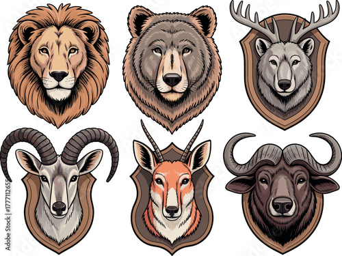 Set of Six Wild Animal Trophy Heads Vector Illustration: Lion, Bear, Deer, Gazelle, Goat, and Buffalo