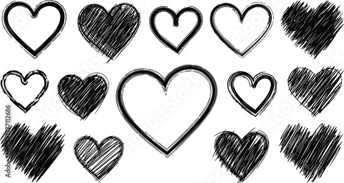 Heart doodles set. Hand drawn hearts collection. Romance and love illustrations.