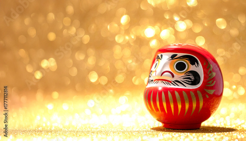 赤い達磨と金運が上がりそうなキラキラゴールド背景　AI生成画像