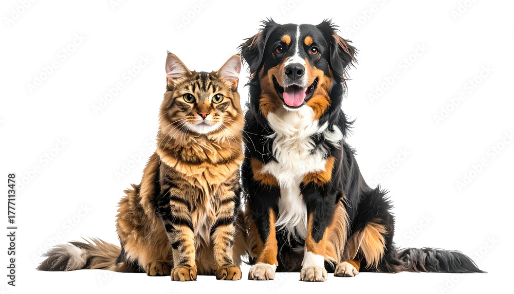 Fototapeta premium Cat and dog posing together. Black background, studio lighting