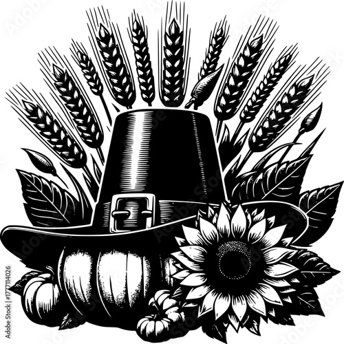 Harvest Bounty Illustration: A detailed black and white illustration of harvest-themed elements. Features a classic pilgrim hat, a plump pumpkin.