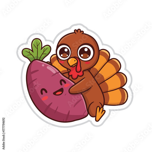 Cute Turkey Hugging Sweet Potato Vector Sticker Mascot