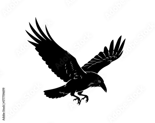 A stark black silhouette of a large raven is depicted against a plain white background, captured in a powerful descent with its wings outstretched and talons bared