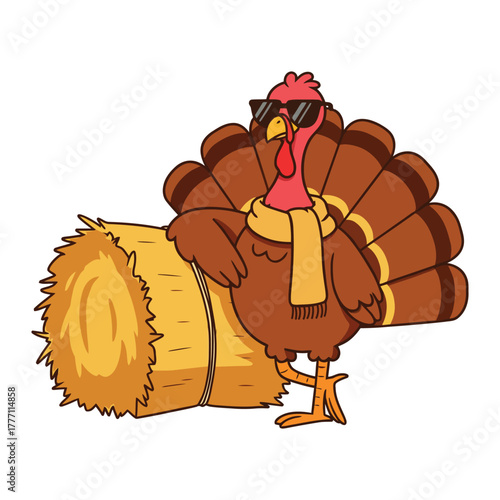 Cartoon Turkey with Sunglasses and Scarf Leaning on Hay Thanksgiving Design