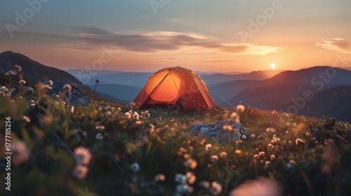 Fototapeta Naklejka Na Ścianę i Meble -  Orange tent pitched in a mountain meadow at sunset