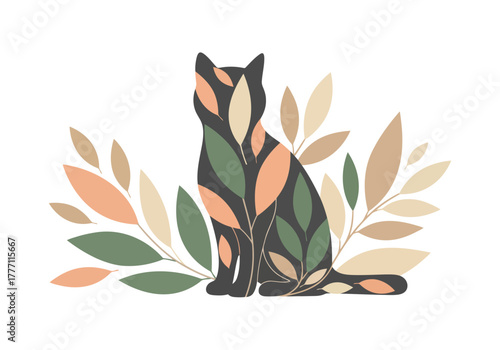 Cat surrounded by colorful autumn leaves cozy pet and nature flat illustration