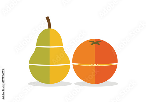 Fresh sliced pear and orange fruit minimal geometric flat vector illustration