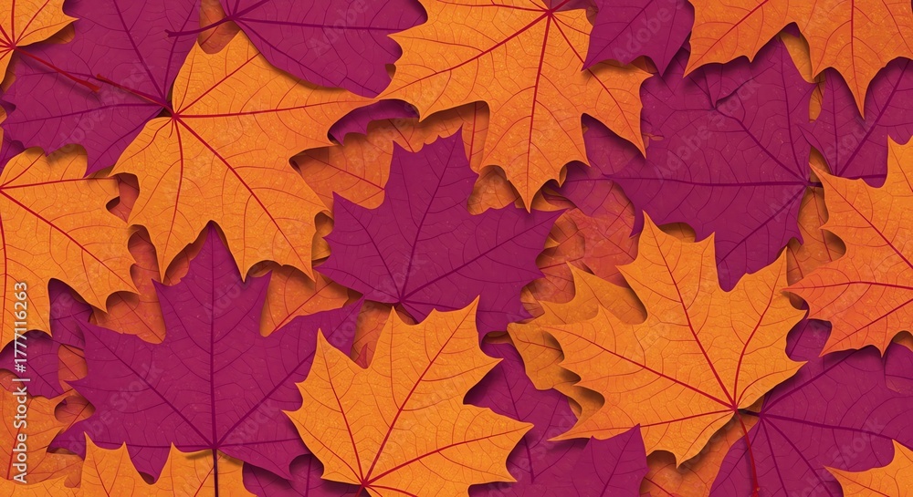 Fototapeta premium A vibrant, textured background of overlapping orange and magenta maple leaves, creating a colorful autumn pattern.