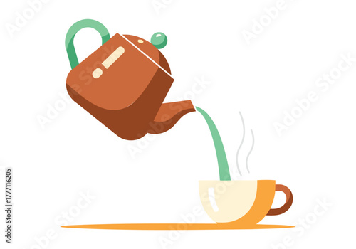 Hot beverage pouring from teapot into mug cozy morning flat vector illustration