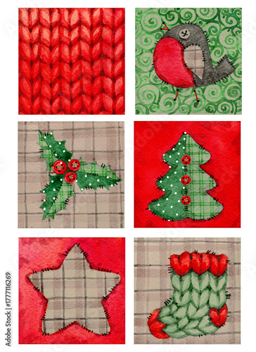 A set of rustic square Christmas stickers Includes festive icons like trees, bird, and ornaments, isolated on white background