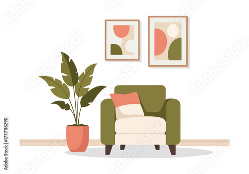 Minimalist living room interior design with green armchair and plant