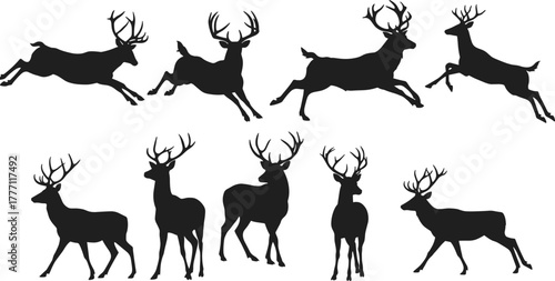 Deer silhouette vector set, wild animal illustration, jumping deer graphic, forest wildlife icon, majestic stag clipart, hunting nature design, animal movement silhouette