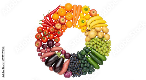Colorful fruits and vegetables arranged in a circle isolated on transparent background