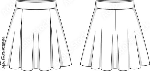 Cad drawing flat vector illustration of flared midi skirt front and back view technical fashion design template for women