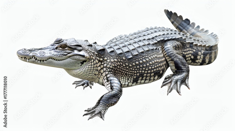 Naklejka premium Spectacular juvenile crocodile showcasing intricate scales and powerful claws