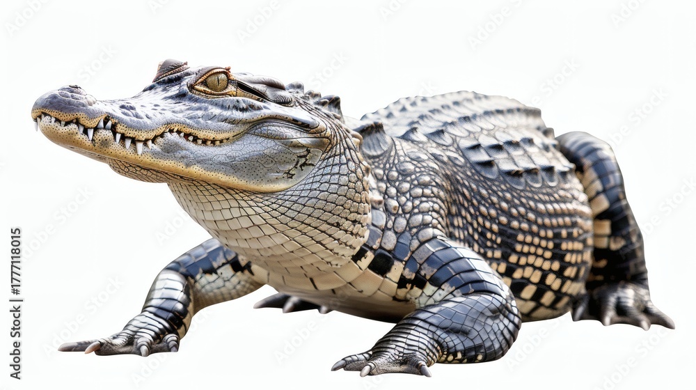 Fototapeta premium Young alligator on white background, showcasing detailed scales and sharp teeth