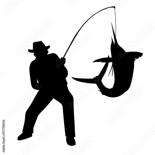 silhouette of an fisherman catching a big marlin