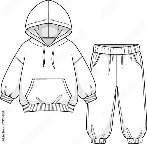 Cad drawing flat vector illustration of hoodie and jogger pants set with elastic cuffs pocket design fashion technical sketch template