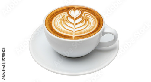 Cup of cappuccino with latte art isolated on transparent background, top view