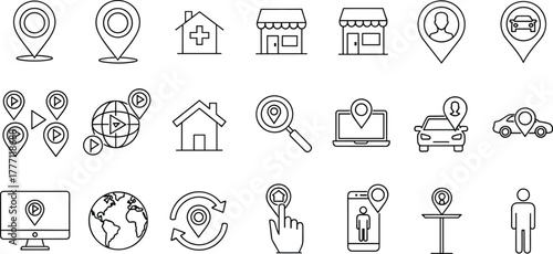 Location icons set, GPS navigation symbols, map marker outline, travel direction, global positioning, destination search, mobile tracking, car, house, people