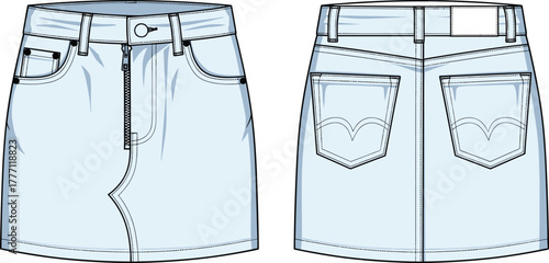 Cad drawing flat vector illustration of light blue denim mini skirt with zipper front, pockets, belt loops, and back yoke detailing