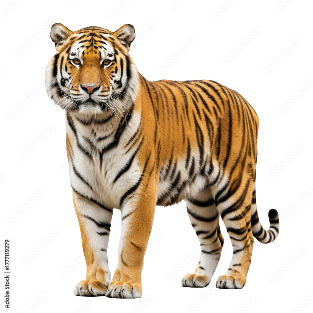 Fototapeta premium Realistic full-body Siberian tiger standing proudly on transparent background