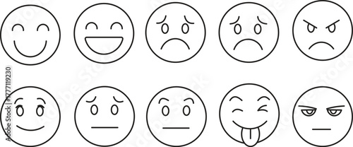 Hand-Drawn Facial Expression Icons – A Collection of Ten Simple Line Art Faces Representing Joy, Sadness, Anger, Confusion, and Playfulness