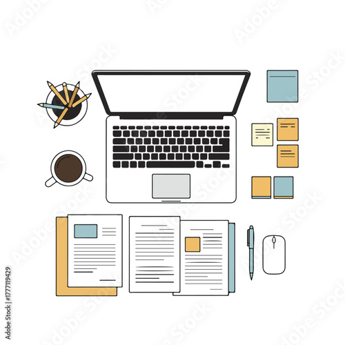 Wallpaper Mural A topdown view of a workspace with laptop papers coffee pencils sticky notes pen and mouse Torontodigital.ca