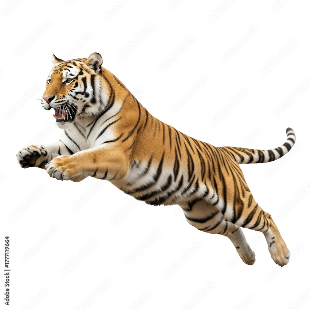 Obraz premium Siberian tiger leaping in midair, dynamic pose, transparent background