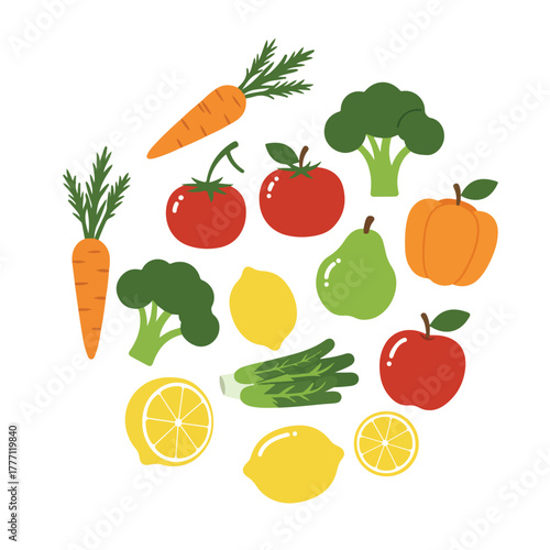 Collection of assorted cartoon vegetables and fruits arranged in a circular formation against a white background