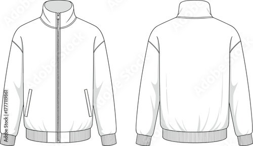 Cad drawing flat vector illustration of men bomber jacket front and back view, technical fashion design template for apparel industry