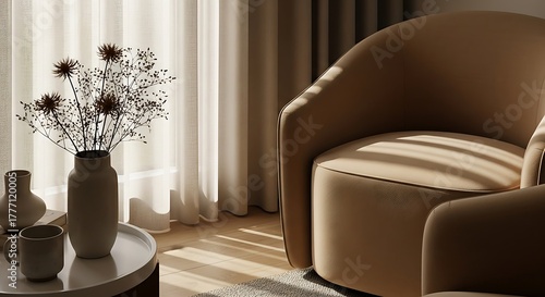 Cozy and elegant living room scene with a comfortable armchair and a vase of dried flowers, bathed in warm sunlight