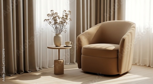 Modern Interior Design Cozy Chair, Vase, and Minimalist Table Setting
