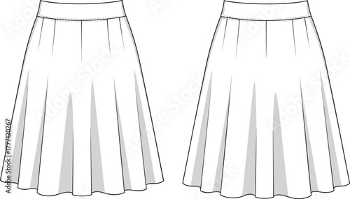 Cad drawing flat vector illustration of pleated flared midi skirt design front and back technical fashion garment template