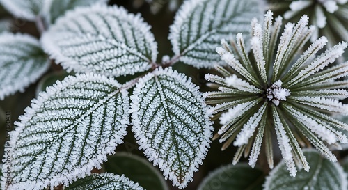 Close-up of frost-covered leaves and pine needles in a winter garden during a cold snap