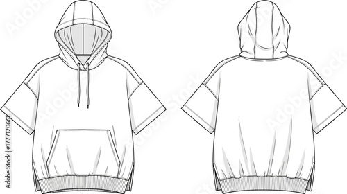 Cad drawing flat vector illustration of short sleeve hoodie front and back view, casual streetwear sweatshirt fashion technical template